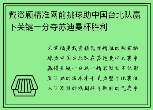 戴资颖精准网前挑球助中国台北队赢下关键一分夺苏迪曼杯胜利 戴资颖精准网前挑球助中国台北队赢下关键一分夺苏迪曼杯胜利