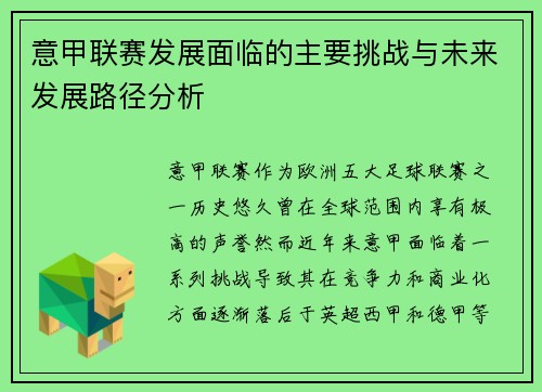 意甲联赛发展面临的主要挑战与未来发展路径分析