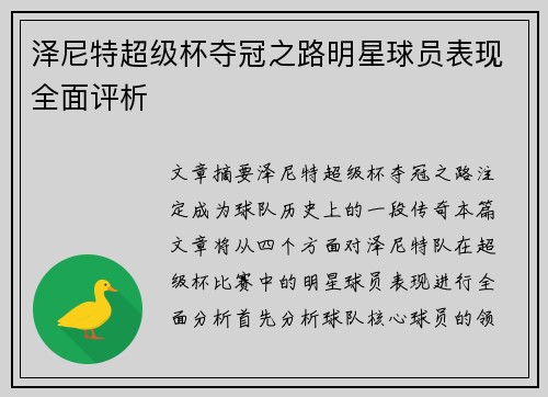 泽尼特超级杯夺冠之路明星球员表现全面评析