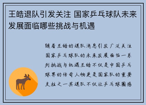 王皓退队引发关注 国家乒乓球队未来发展面临哪些挑战与机遇