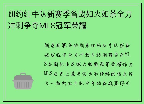 纽约红牛队新赛季备战如火如荼全力冲刺争夺MLS冠军荣耀