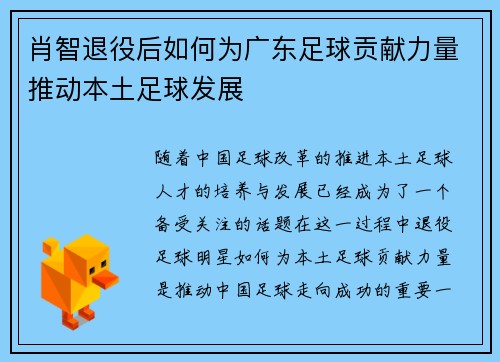 肖智退役后如何为广东足球贡献力量推动本土足球发展