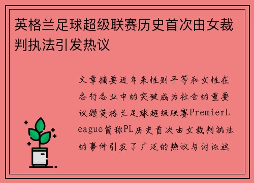 英格兰足球超级联赛历史首次由女裁判执法引发热议