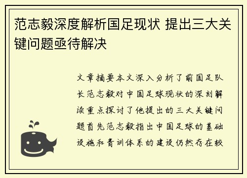 范志毅深度解析国足现状 提出三大关键问题亟待解决