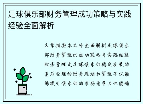 足球俱乐部财务管理成功策略与实践经验全面解析